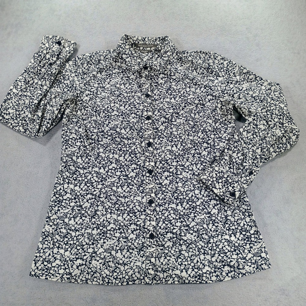 Eddie Bauer Womens Floral Button Down Navy White S Wrinkle Resistant